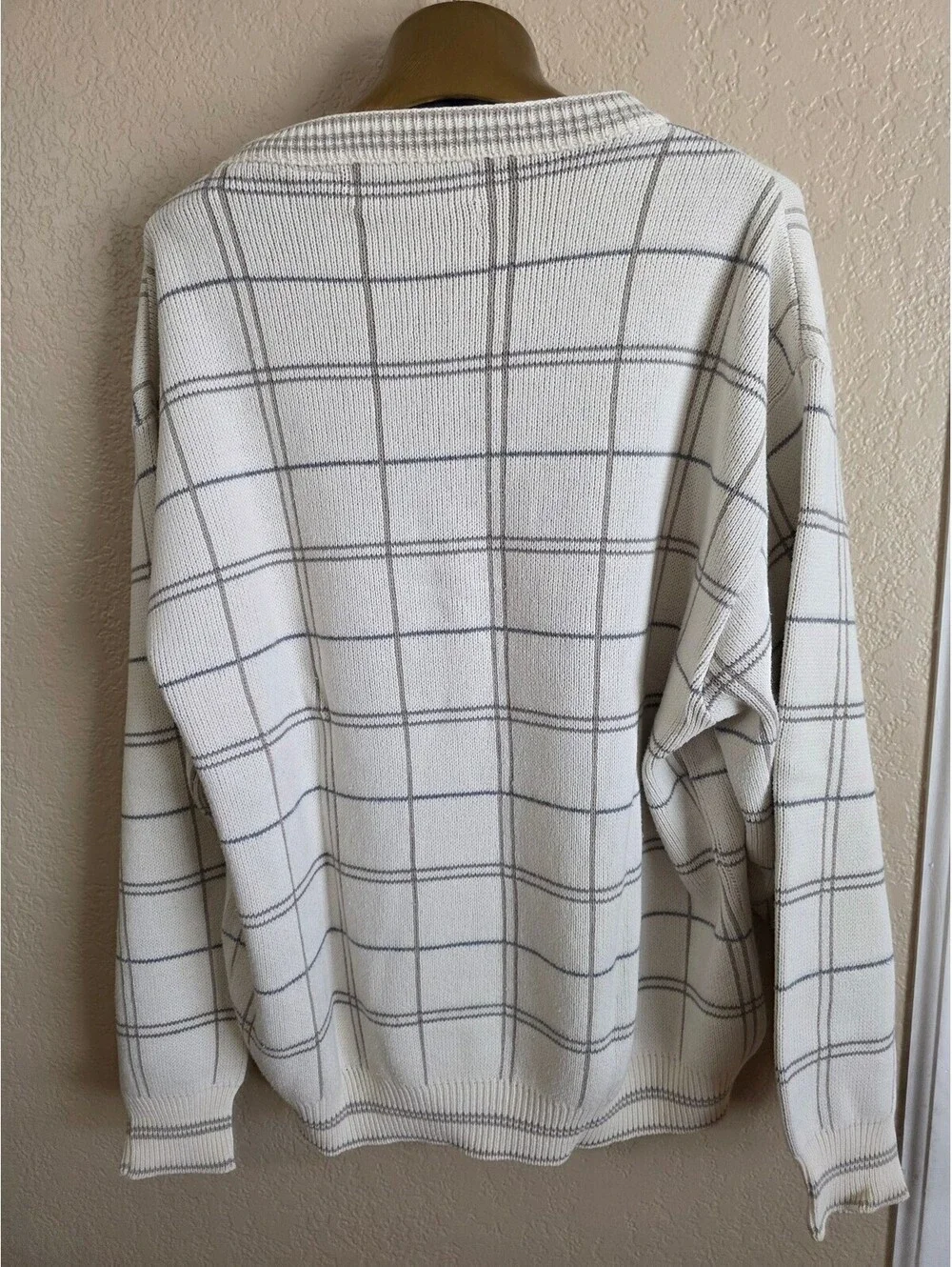 Vintage 90s Cypress Links Grid Plaid Golf Sweater Cream Crewneck Size Medium